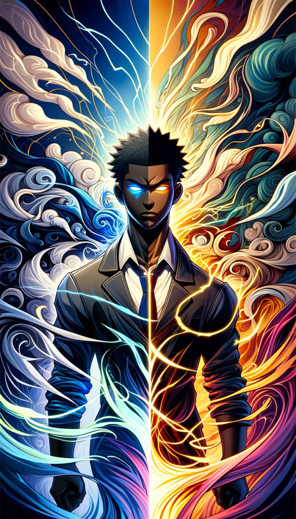 DALL·E 2023 11 26 17.49.35 An image that artistically represents the concept of an anime villain arc featuring a central character who is visibly African American. The characte